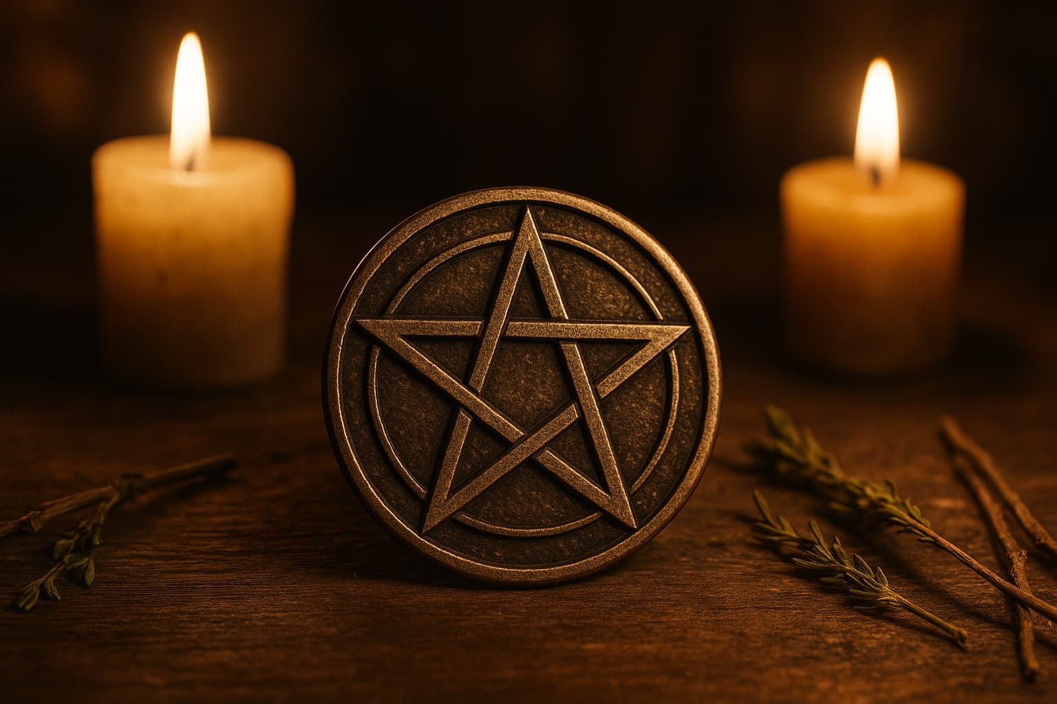 el-pentaculo Un pentáculo de metal antiguo grabado sobre un altar de madera, rodeado de velas encendidas y ramitas de hierbas, en un entorno místico con luz cálida y sombras suaves, evocando un ambiente de ritual esotérico